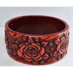 Vintage Boho Floral Carved Resin Plastic Red Bangle Bracelet 8 Inch
